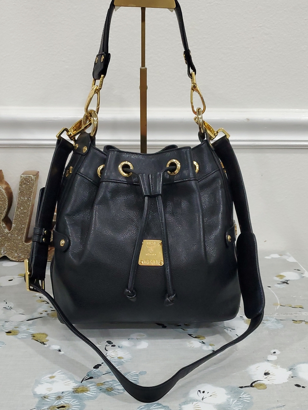 MCM Heritage Black Pebbled Leather Drawstring Bucket Bag